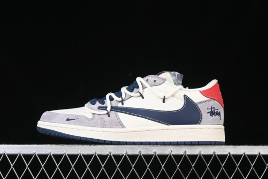 Nike Travis Scott x Fragment Design x Air Jordan 1 Low OG SP AJ1 Stussy Collaboration - Grey Blue Hook Lace Low Top Casual Sneakers - SJ0086-140