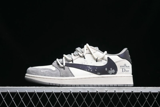 Nike Travis Scott x Fragment Design x Air Jordan 1 Low OG SP AJ1 Dior Collaboration - Splatter Lace-Up Low-Top Casual Sneakers DM9288-002