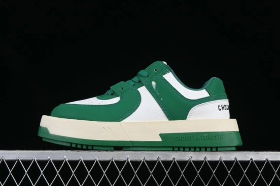 Choco Concert Leather Round Square Asymmetric Fashion Sneakers White Green - AJE5
