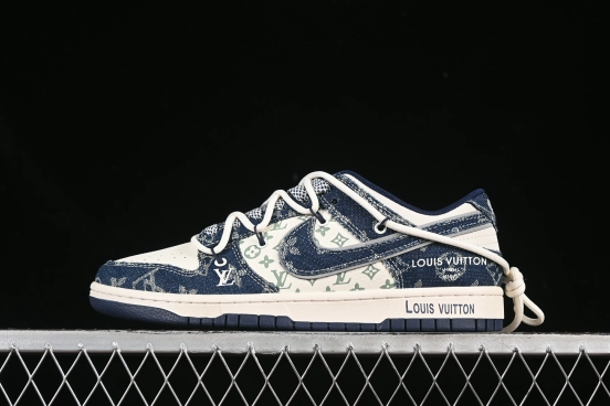 Nike SB Dunk Low LV Collaboration Strap Blue White Denim Blue Hook Anniversary High-End Custom Low-Top Casual Skate Shoes - YX5066-321