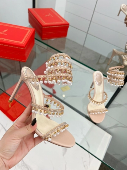2025 Women RC Champagne Leather Crystal Pearl High Heel Sandal LY00360