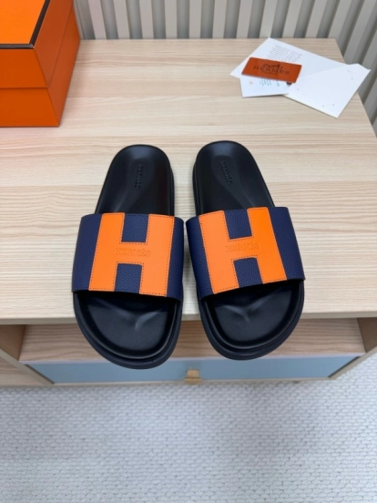 2025 Slippers Hermès Orange Navy Leather Slippers