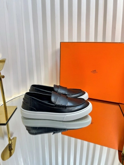 2025 Unisex Hermès Black Leather Fabric Loafers Slip-On LY00310(F)/LY00320(M)
