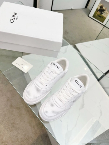 2025 Women Celine White Leather Sneakers Block Triomphe KFY00260