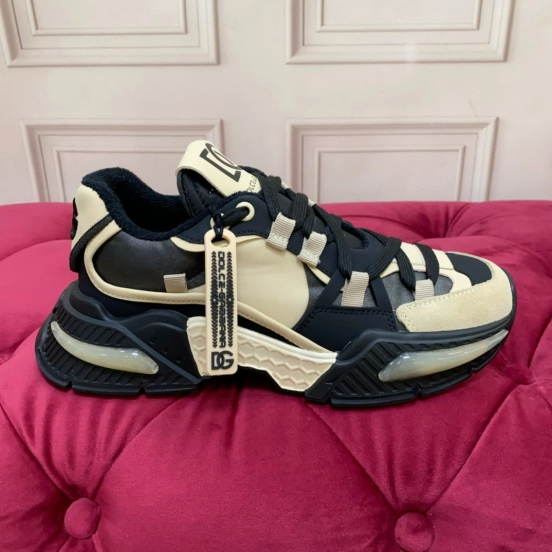 2024 Unisex Dolce & Gabbana Black Beige Wool Leather Sneakers MJ00340