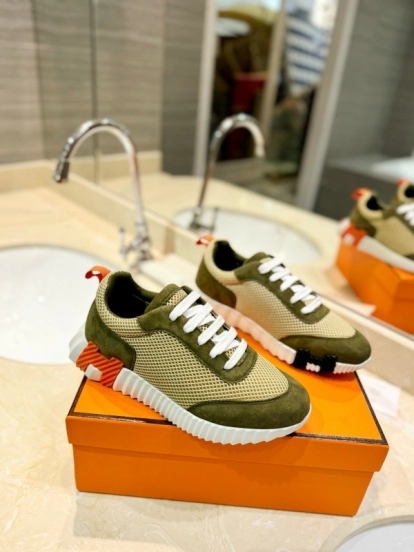 2024 Unisex Hermès Khaki Beige Suede Mesh Sneakers MJ00320