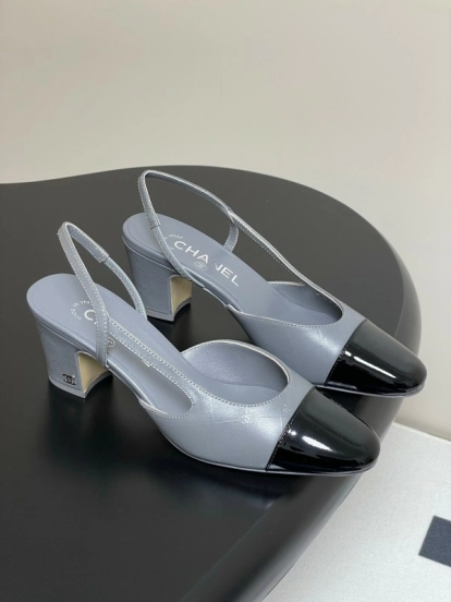 2025 Women Chanel Grey Black Leather Sling-back Heel