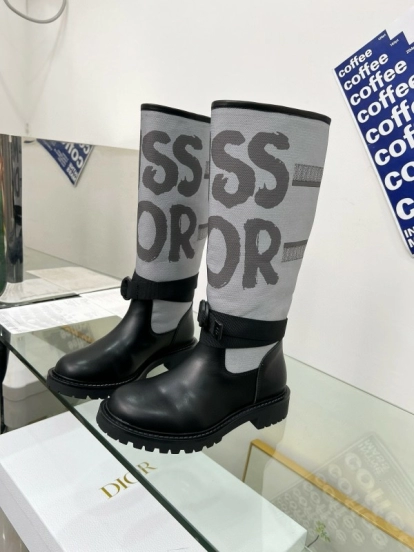 2024 Women Dior Black Grey Leather Fabric Knee High Boots