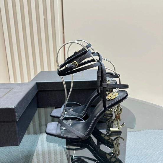 2025 Women Yves Saint Laurent Black Satin High Heel Sandals KFY00290