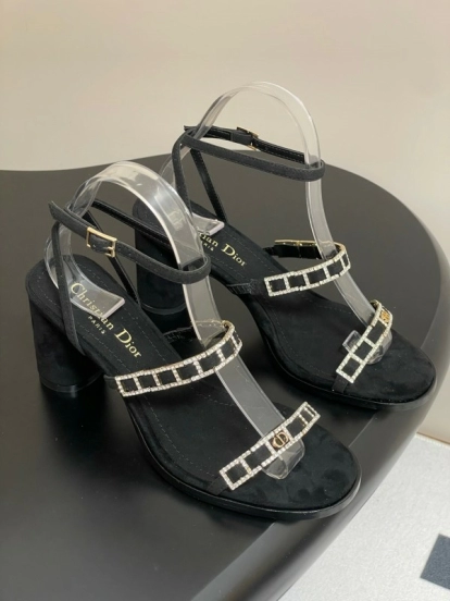 2025 Women Dior Black Suede Crystal Embellished Strap Sandals