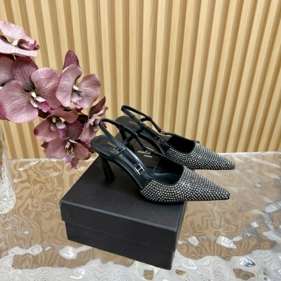 2024 Women Yves Saint Laurent Black Silk Slingback Pumps Crystal Embellishment MJ00320