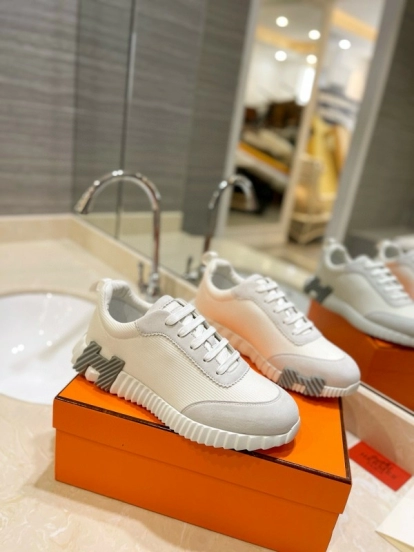 2024 Unisex Hermès White Cream Imported Silky Goat Suede Nylon Sneakers MJ00320