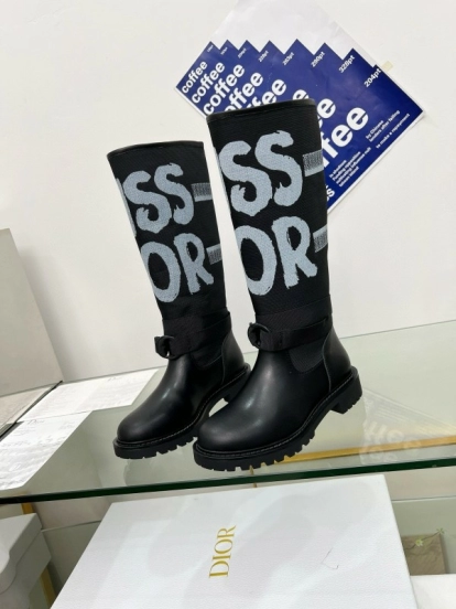 2024 Women Dior black leather knit fabric boots MJ00350