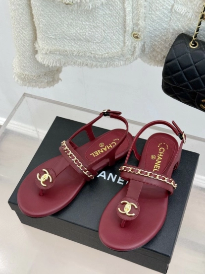 2025 Women Chanel Red Leather Sandals Chain Decoration